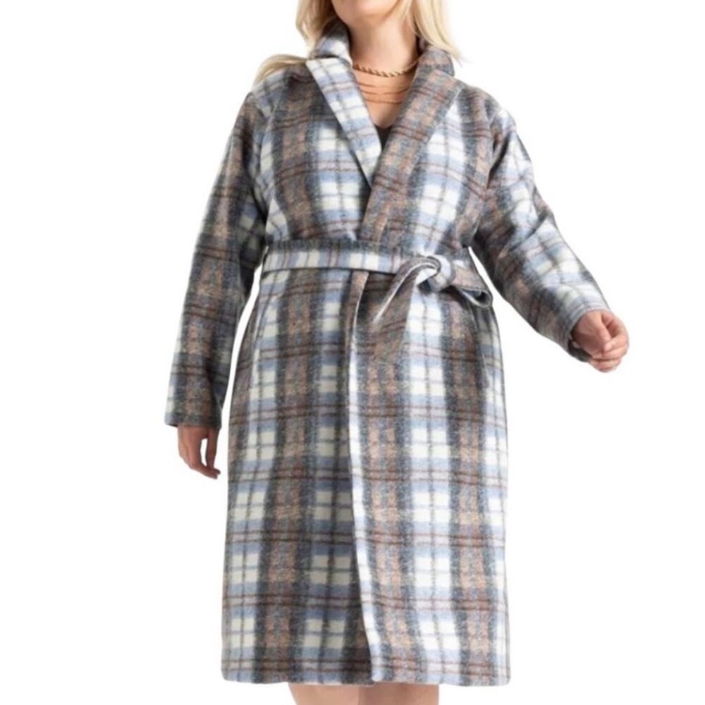ELOQUII Plaid Belted Coat 18/20 Blue Grey Brown